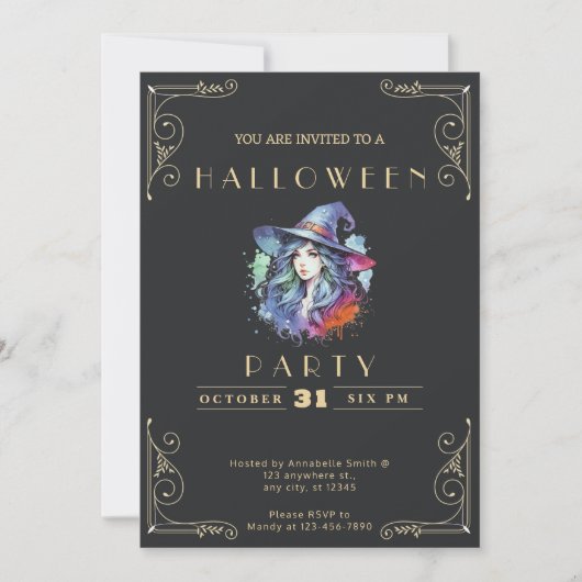 Invitation Chalkboard Black & Gold Witch Rainbow Halloween In (Devant)