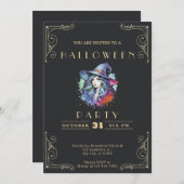 Invitation Chalkboard Black & Gold Witch Rainbow Halloween In (Devant / Derrière)