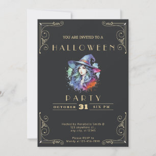 Invitation Chalkboard Black & Gold Witch Rainbow Halloween In