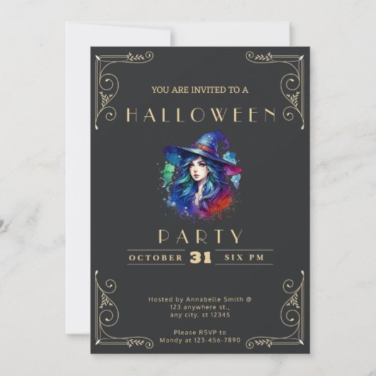 Invitation Chalkboard Black & Gold Witch Rainbow Halloween In (Devant)