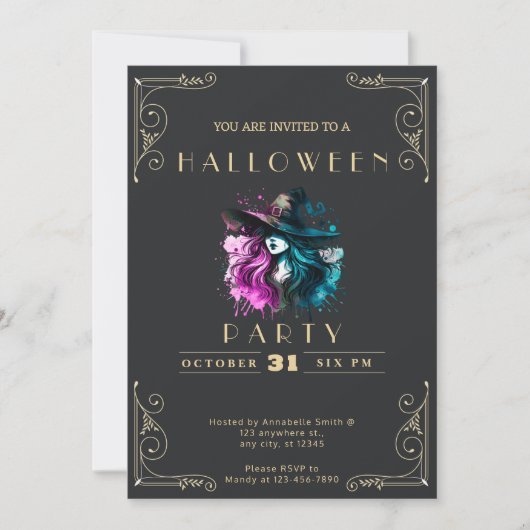 Invitation Chalkboard Black & Gold Witch Rainbow Halloween In (Devant)