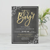 Invitation Chalkboard Blanc Floral Baby shower de script or (Debout devant)