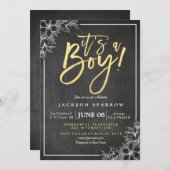 Invitation Chalkboard Blanc Floral Baby shower de script or (Devant / Derrière)