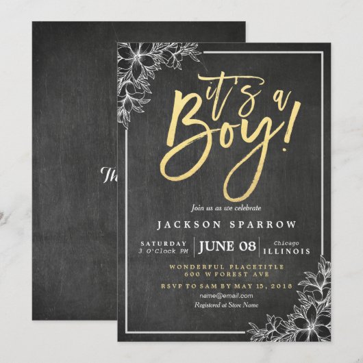 Invitation Chalkboard Blanc Floral Baby shower de script or (Devant / Derrière)