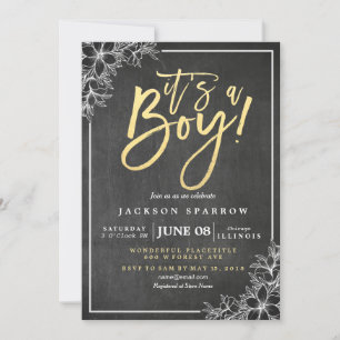 Invitation Chalkboard Blanc Floral Baby shower de script or