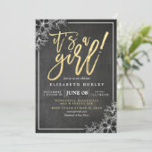 Invitation Chalkboard Blanc Floral Baby shower de script or (Debout devant)