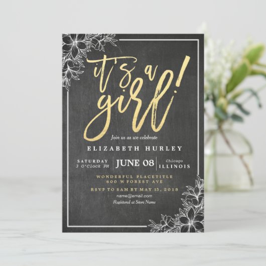 Invitation Chalkboard Blanc Floral Baby shower de script or (Debout devant)