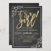 Invitation Chalkboard Blanc Floral Baby shower de script or (Devant / Derrière)