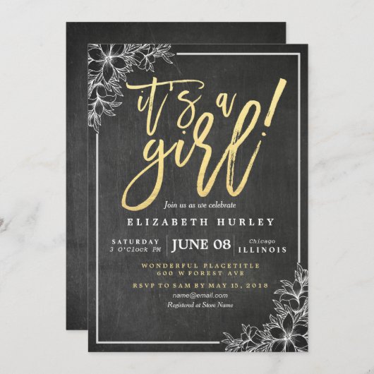 Invitation Chalkboard Blanc Floral Baby shower de script or (Devant / Derrière)