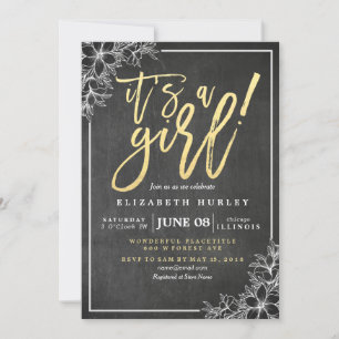 Invitation Chalkboard Blanc Floral Baby shower de script or