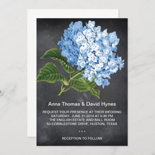INVITATION CHALKBOARD BLUE HYDRANGEA MARIAGE PERSONNALISÉ (Devant / Derrière)
