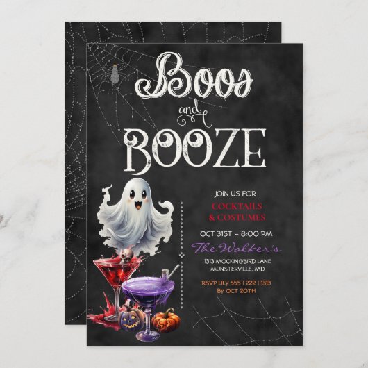 Invitation Chalkboard Boos & Booze Halloween Cocktail Party (Devant / Derrière)