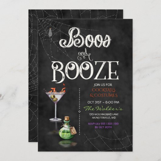 Invitation Chalkboard Boos & Booze Halloween Cocktail Party (Devant / Derrière)