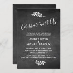 Invitation Chalkboard & Botanical Célébrez avec nous Réceptio<br><div class="desc">Cette carte de réception de mariage sophistiquée mais rustique présente une image d'arrière - plan en damier texturé surmontée d'une simple pression d'aquarelle botanique en haut et en bas. J'ai ajouté une police de script d'écriture manuscrite décontractée de ma collection pour rendre un graphique représentant les mots "Célébrez avec nous"....</div>