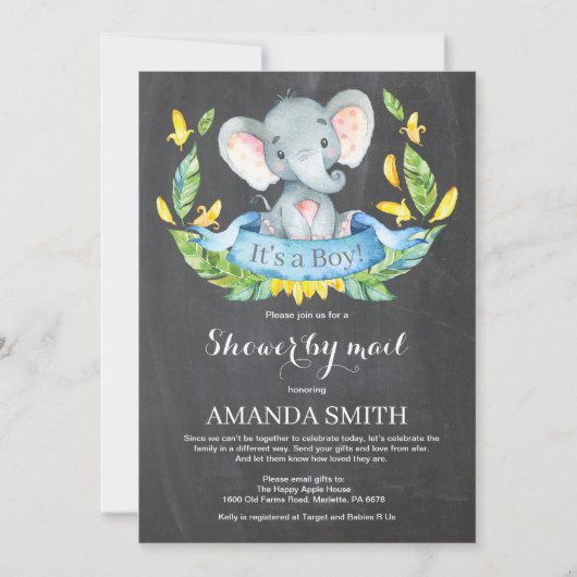 Invitation Chalkboard Boy Elephant Baby shower par courrier (Devant)
