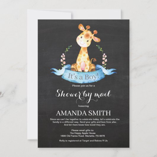 Invitation Chalkboard Boy Giraffe Baby shower par la poste (Devant)