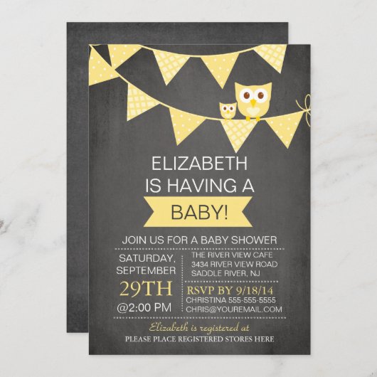 Invitation Chalkboard Bunl Chouette Baby shower neutre (Devant / Derrière)