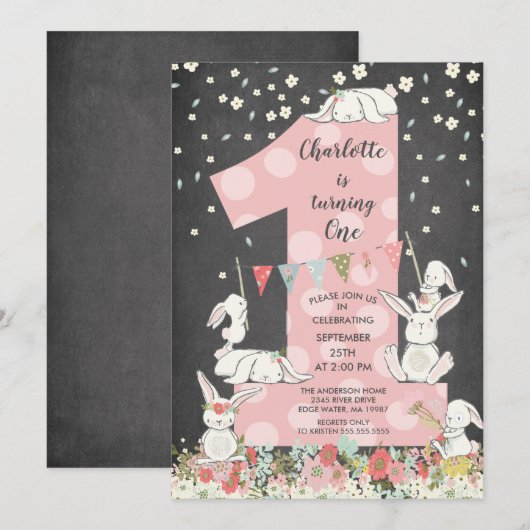 Invitation Chalkboard Bunny Big One Girls Anniversaire Invita (Devant / Derrière)