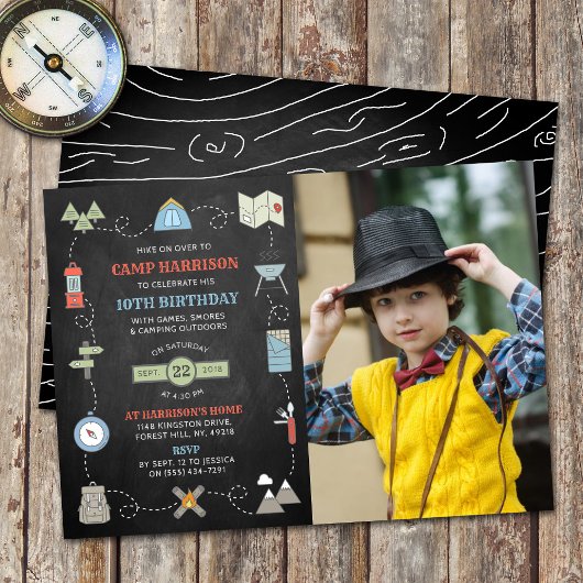 Invitation Chalkboard Camping Photo N'Importe Quel Âge Annive