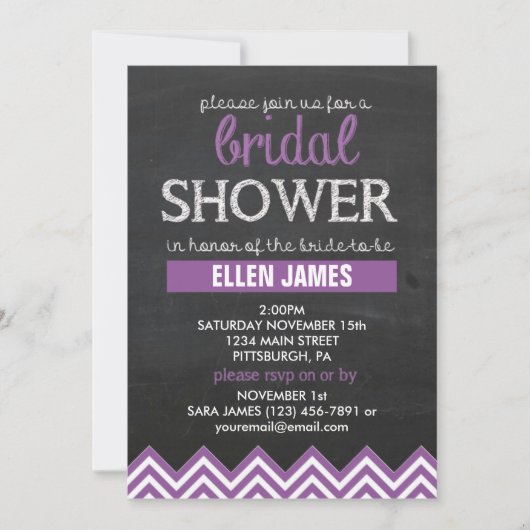 Invitation Chalkboard Chevron Fête de l'mariée violet (Devant)