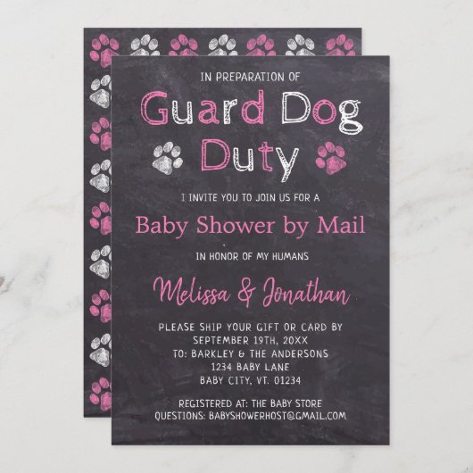 Invitation Chalkboard Chien rose Fille Baby shower par courri (Devant / Derrière)