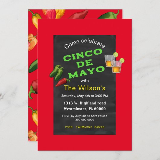 Invitation Chalkboard Cinco de Mayo (Devant / Derrière)