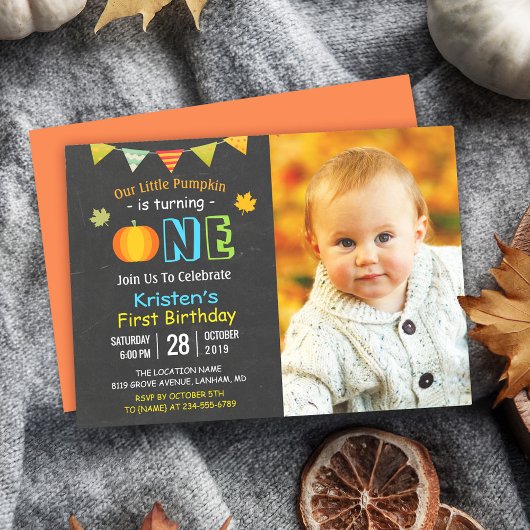 Invitation Chalkboard Citrouille Baby First Birthday Photo
