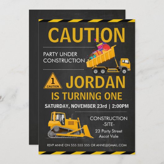 Invitation Chalkboard Construction Anniversaire du parti RSVP (Devant / Derrière)