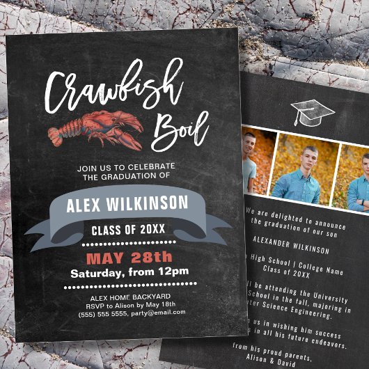Invitation Chalkboard Crawfish Boil 3 Photo Graduation Party