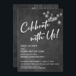 Invitation Chalkboard Edison Lights Modern Celebrate with Us<br><div class="desc">Dans ce joli design sur le thème du mariage, j'ai utilisé une police de calligraphie élégante et moderne pour créer une superposition de typographie graphique blanche avec "Célébrez avec nous !". De part et d'autre, l'arrière - plan était couvert d'une image représentant un tableau de bord texturé. Superposition qui est...</div>