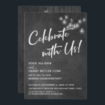 Invitation Chalkboard Edison Lights Modern Celebrate with Us<br><div class="desc">Dans ce joli design sur le thème du mariage, j'ai utilisé une police de calligraphie élégante et moderne pour créer une superposition de typographie graphique blanche avec "Célébrez avec nous !". De part et d'autre, l'arrière - plan était couvert d'une image représentant un tableau de bord texturé. Superposition qui est...</div>