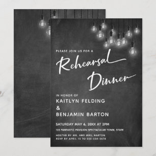 Invitation Chalkboard Edison Lights Moderne Dîner de répétiti