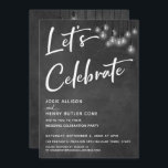 Invitation Chalkboard Edison Lights Moderne Fêtons<br><div class="desc">Dans ce joli design sur le thème du mariage, j'ai utilisé une police de calligraphie élégante et moderne pour créer une maquette de typographie blanche avec la mention "Fêtons". De part et d'autre, l'arrière - plan était couvert d'une image représentant un tableau de bord texturé. Superposition qui est un amas...</div>