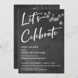 Invitation Chalkboard Edison Lights Moderne Fêtons<br><div class="desc">Dans ce joli design sur le thème du mariage, j'ai utilisé une police de calligraphie élégante et moderne pour créer une maquette de typographie blanche avec la mention "Fêtons". De part et d'autre, l'arrière - plan était couvert d'une image représentant un tableau de bord texturé. Superposition qui est un amas...</div>