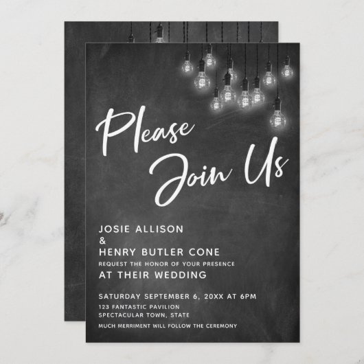 Invitation Chalkboard Edison Lights S'Il Vous Plaît Rejoignez (Devant / Derrière)