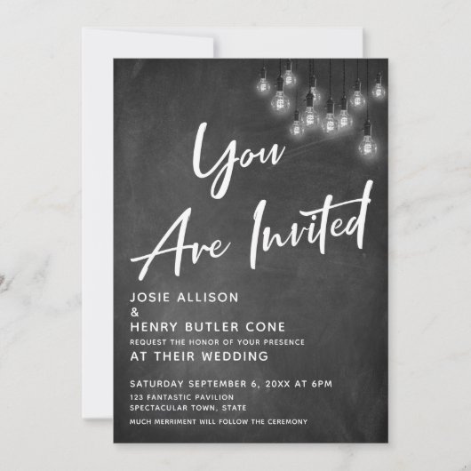 Invitation Chalkboard Edison Lights Vous Êtes Invité Mariage (Devant)