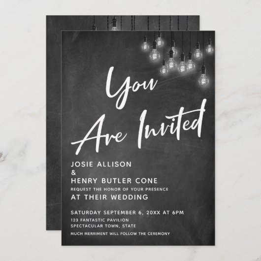 Invitation Chalkboard Edison Lights Vous Êtes Invité Mariage (Devant / Derrière)