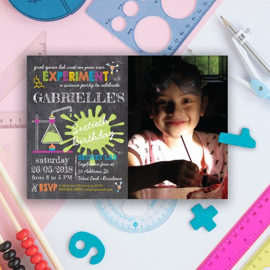 Invitation Chalkboard Fête de la Science Mad Anniversaire