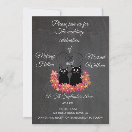 Invitation Chalkboard floral drôle mignon chat couple mariage (Devant)