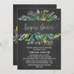 Invitation Chalkboard Foliage Lingerie Douche<br><div class="desc">Cette carte d'invitation à la douche en lingerie de tableau noir est parfaite pour une douche nuptiale rustique. Le design est composé d'un cadre de feuilles verts et de plantes botaniques verdoyantes sur un arrière - plan en damier gris fusain. Le support comporte une couronne vintage assortie qui peut être...</div>