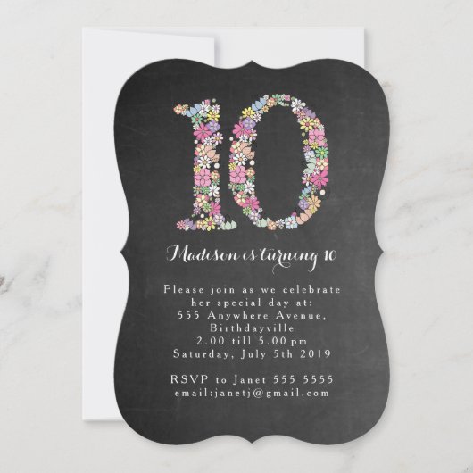 Invitation Chalkboard Girls Floral 10e anniversaire Invitatio (Devant)