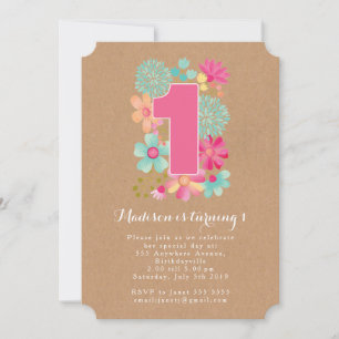 Invitation Chalkboard Girls Floral 1er anniversaire Invitatio