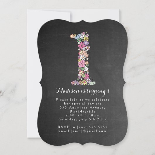 Invitation Chalkboard Girls Floral 1er anniversaire Invitatio (Devant)