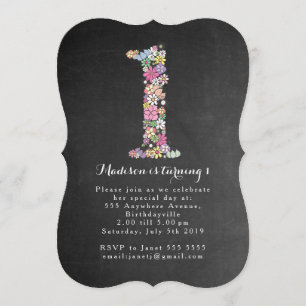 Invitation Chalkboard Girls Floral 1er anniversaire Invitatio