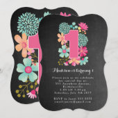 Invitation Chalkboard Girls Floral 1er anniversaire Invitatio (Devant / Derrière)