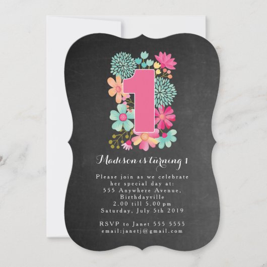 Invitation Chalkboard Girls Floral 1er anniversaire Invitatio (Devant)
