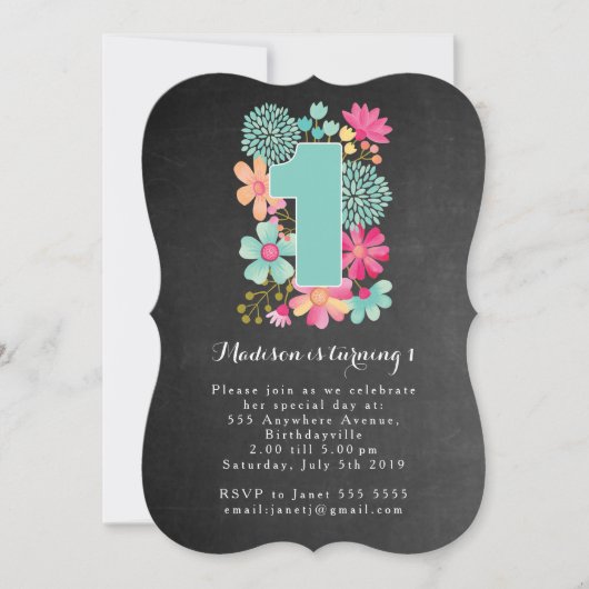Invitation Chalkboard Girls Floral 1er anniversaire Invitatio (Devant)