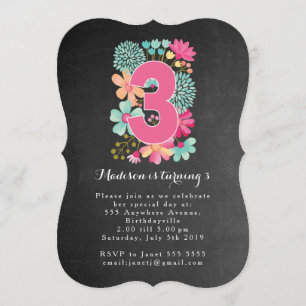 Invitation Chalkboard Girls Floral 3ème anniversaire Invitati