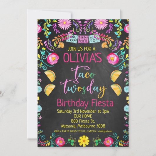 Invitation Chalkboard Girls Taco Twosday Mexicaine 2e anniver (Devant)
