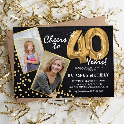 Invitation Chalkboard Gold Balloons 2 Photo 40e anniversaire